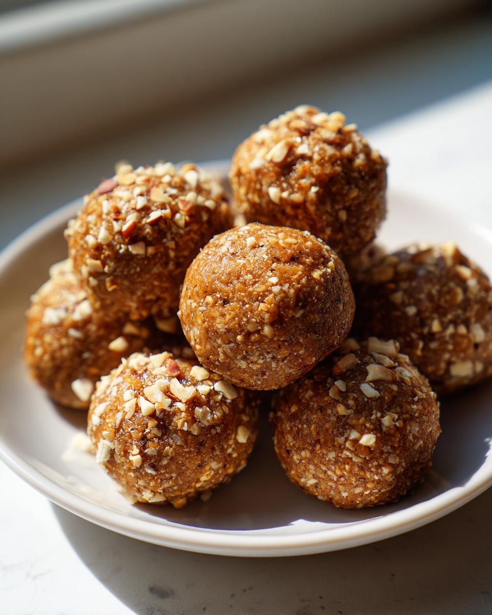 A stack of homemade peanut butter protein balls coated in chopped nuts, resting on a small white plate.