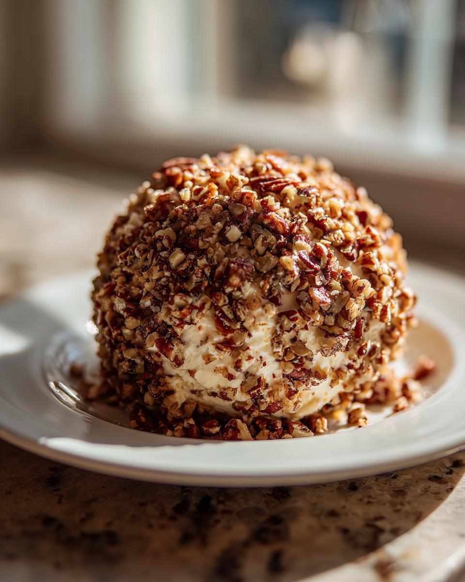 A perfectly formed cheese ball coated entirely in chopped pecans, sitting on a white plate.