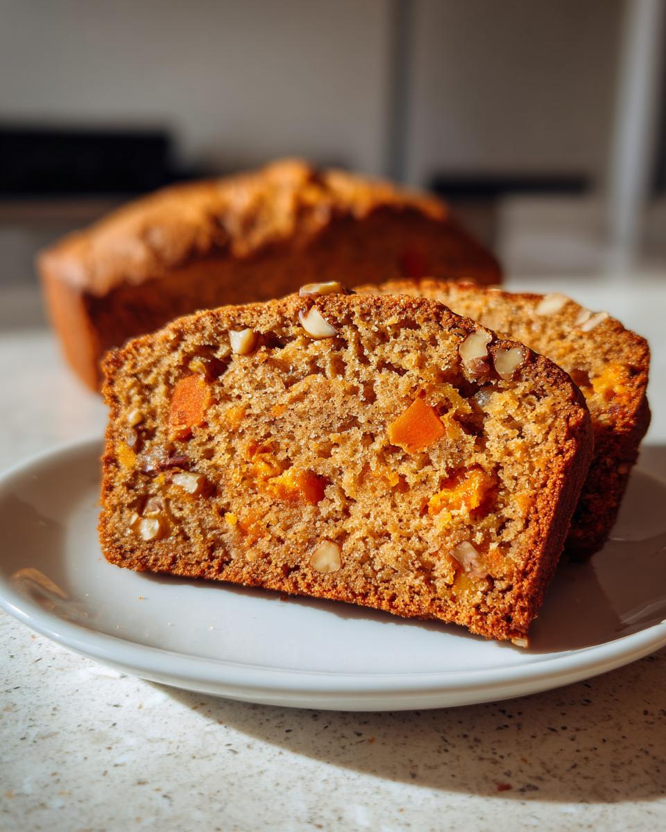 Two thick slices of moist persimmon bread showing chunks of fruit and walnuts, served on a white plate.