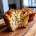 Close-up of a pioneer woman cinnamon sugar french toast muffin cut in half showing the fluffy interior and cinnamon sugar topping.