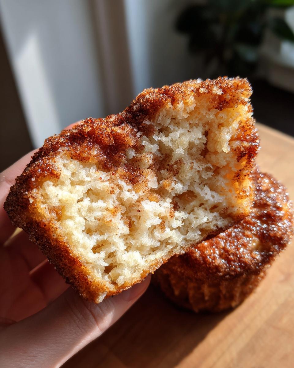 Close-up of a pioneer woman cinnamon sugar french toast muffin broken in half showing the fluffy interior and sugary crust.