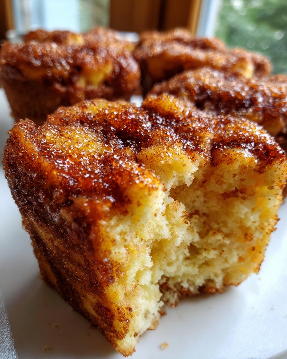 A close-up of a pioneer woman cinnamon sugar french toast muffin with a bite taken out, showing the soft interior.