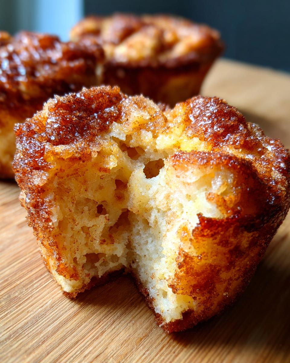 Close-up of a pioneer woman cinnamon sugar french toast muffins broken in half showing the soft interior and sugary crust.