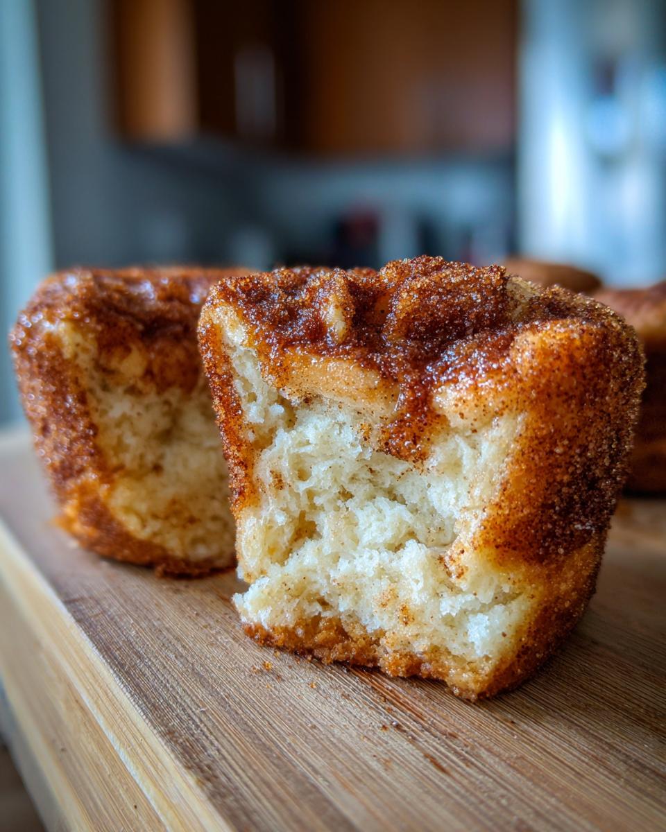 Close-up of a pioneer woman cinnamon sugar french toast muffin cut in half, showing its soft interior and sugary crust.