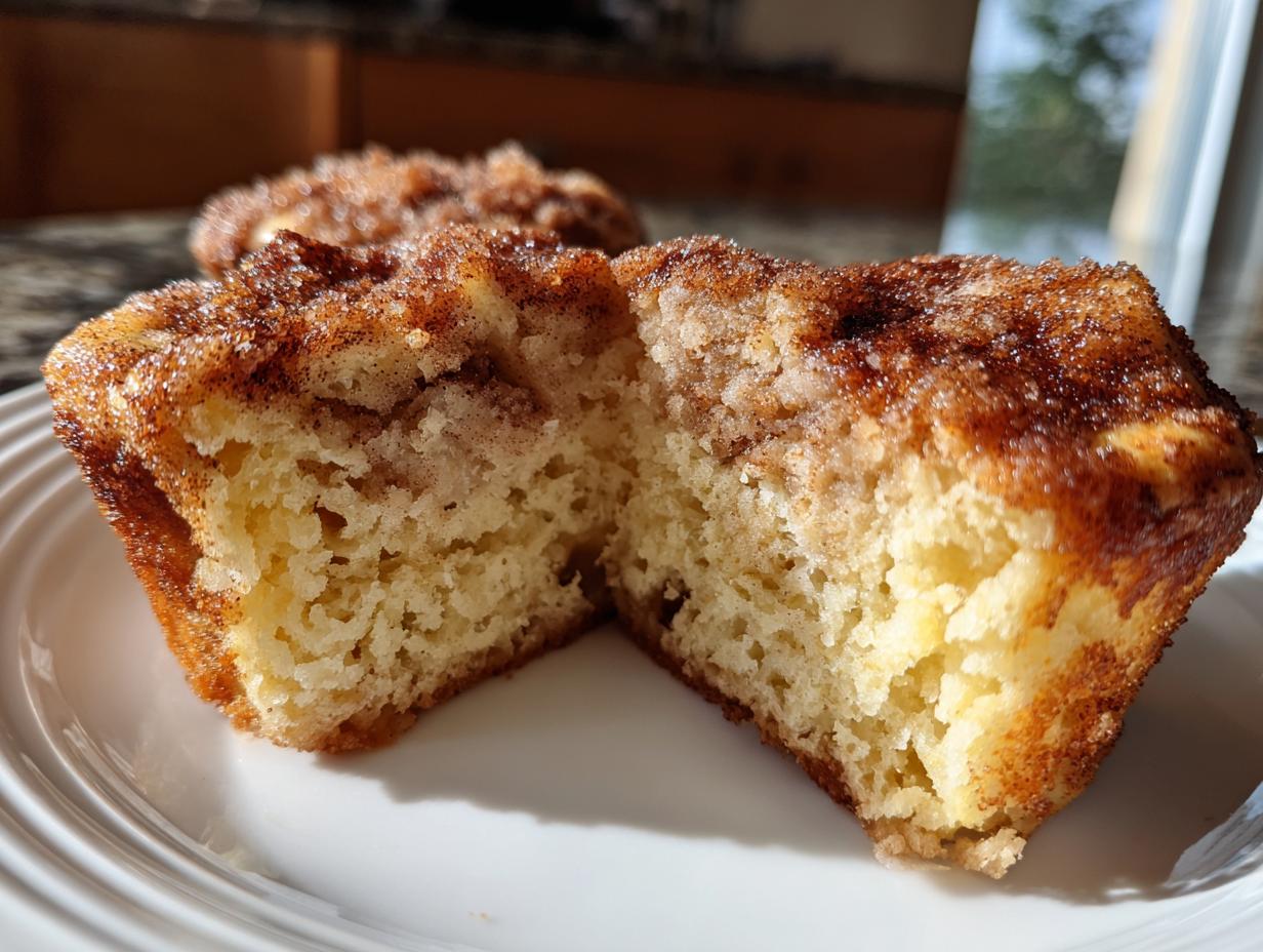 Close-up of a pioneer woman cinnamon sugar french toast muffin cut in half, showing the soft interior and sugary topping.