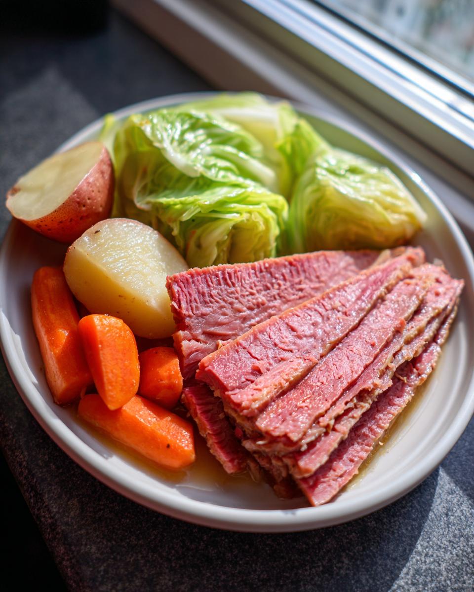 A plate featuring sliced corned beef and cabbage, served with boiled carrots and potatoes.