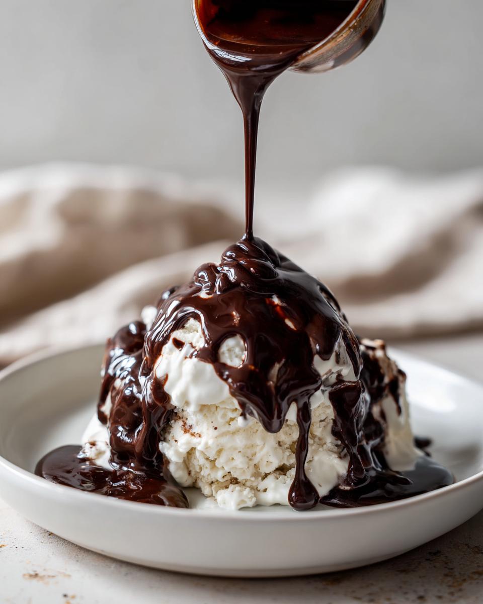 Thick, glossy chocolate sauce for ice cream being poured from a wooden spoon over scoops of vanilla ice cream in a white bowl.