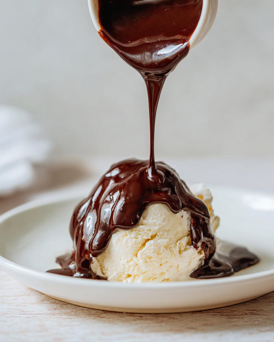 Rich, glossy chocolate sauce for ice cream being poured over a scoop of vanilla ice cream in a white bowl.