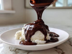 Rich, glossy chocolate sauce for ice cream being poured over a scoop of vanilla ice cream on a white plate.