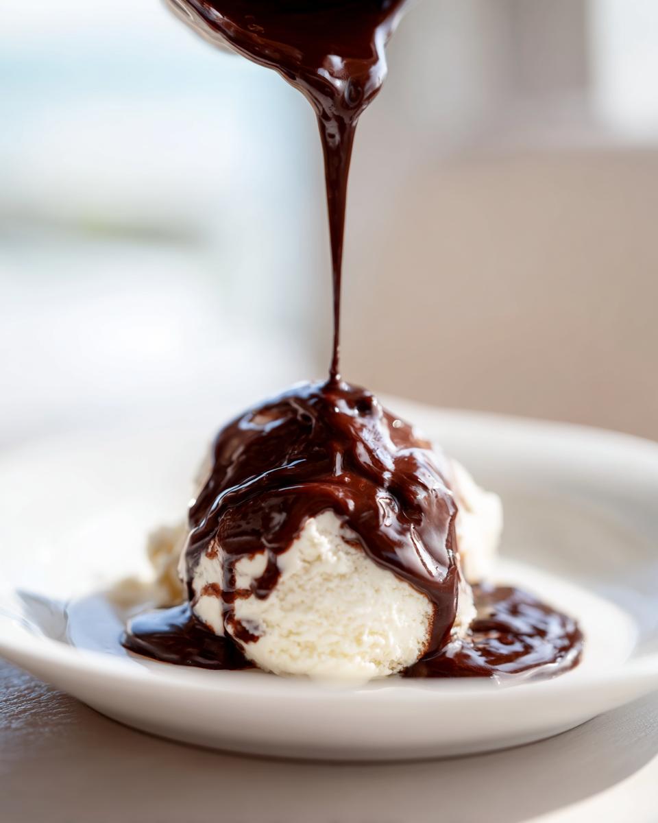 A close-up shot of thick, glossy chocolate sauce for ice cream being poured over a scoop of vanilla ice cream.