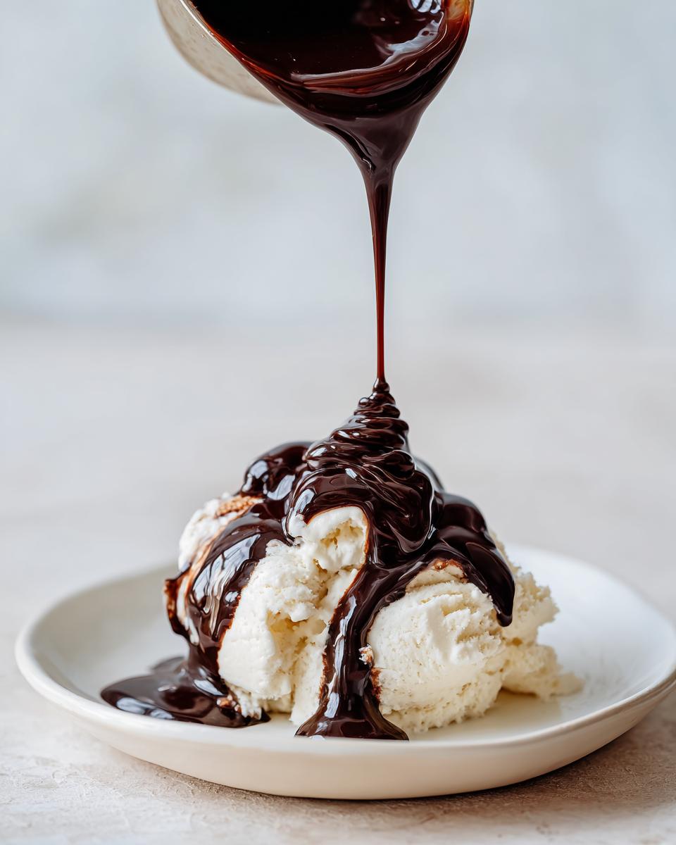 Thick, glossy chocolate sauce for ice cream being poured from a small ladle over scoops of vanilla ice cream.