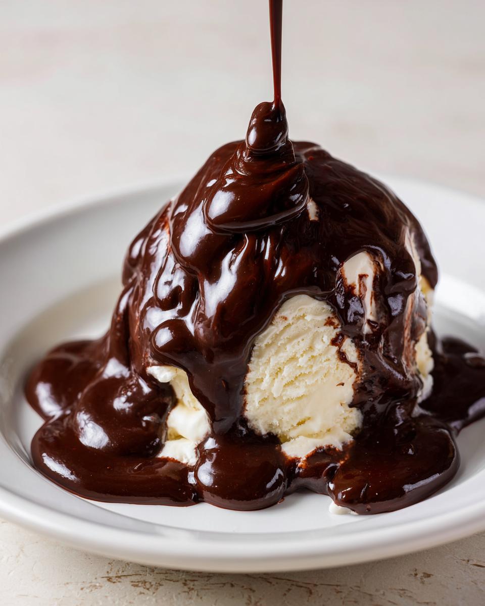 A scoop of vanilla ice cream being drenched in rich, glossy homemade chocolate sauce.