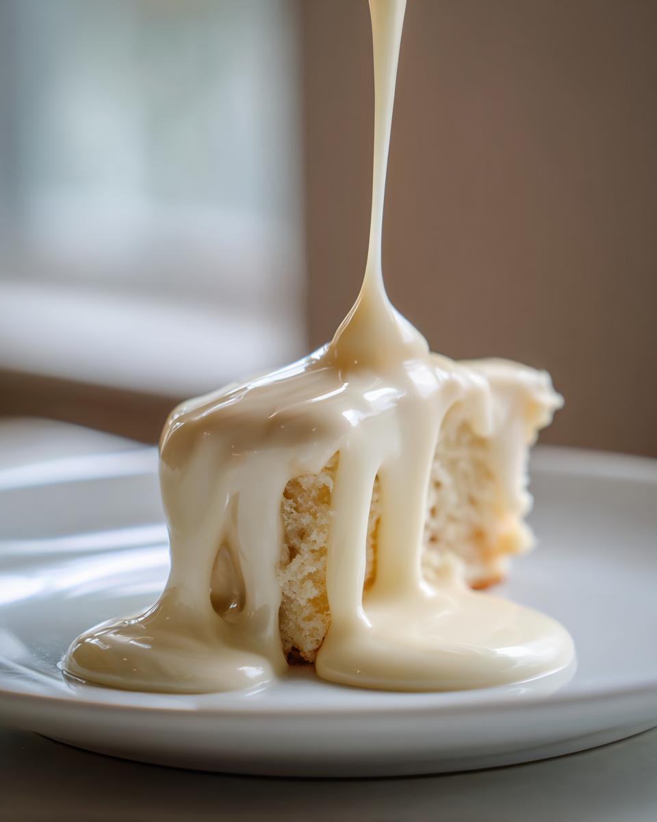 Thick, creamy white chocolate ganache is being poured over a slice of light-colored cake.