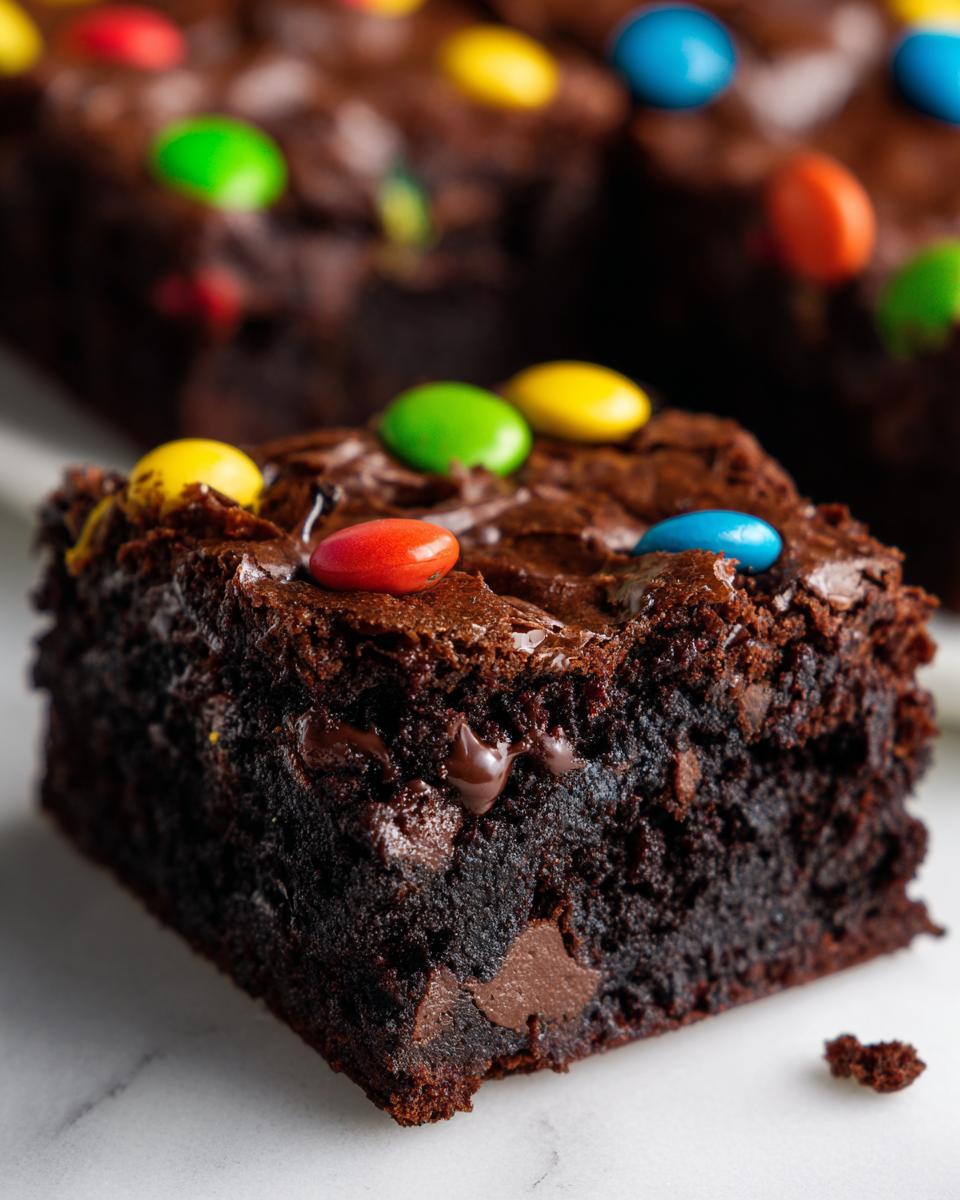 A fudgy, dark chocolate protein cosmic brownie square topped with colorful candy-coated chocolates.
