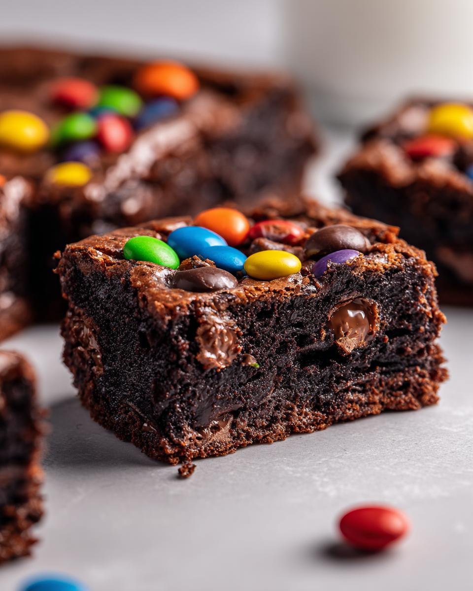 A rich, fudgy square of protein cosmic brownies topped with colorful candy-coated chocolates.
