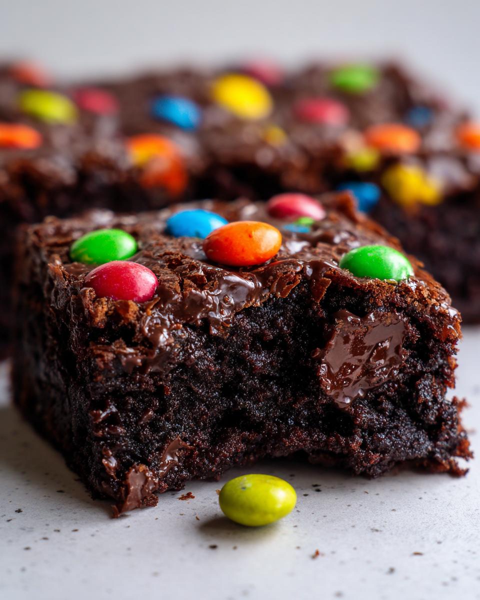 A close-up, gooey slice of rich chocolate protein cosmic brownies topped with colorful candy-coated chocolates.