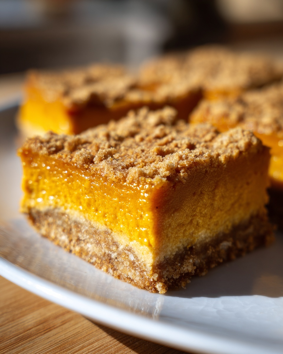 A close-up of a rich, orange pumpkin cheesecake bars slice with a crumb topping on a white plate.