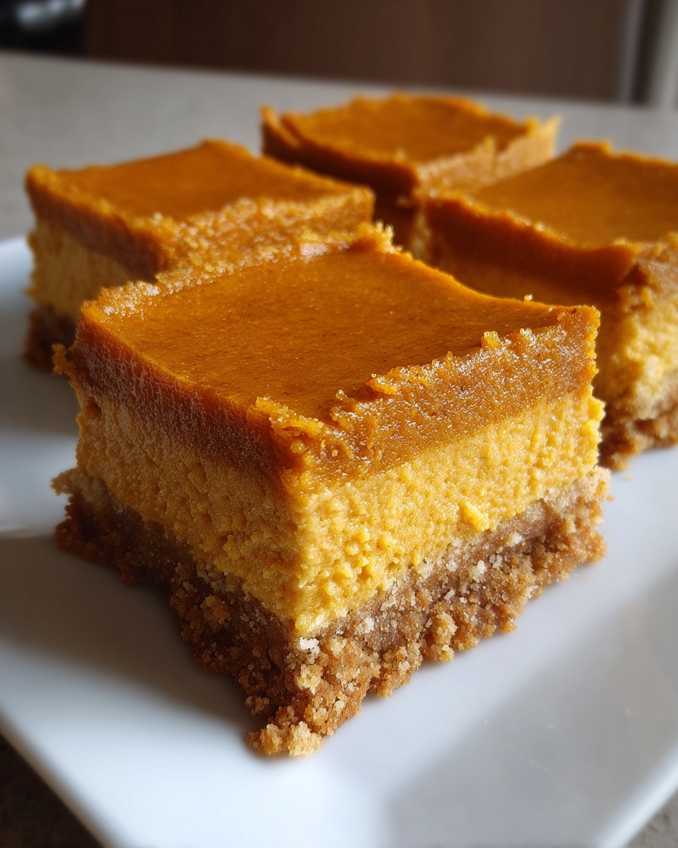 Four square slices of rich pumpkin cheesecake bars with a thick graham cracker crust.