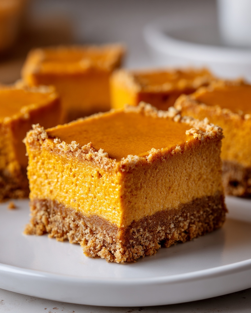 A close-up of a square pumpkin cheesecake bar with a thick graham cracker crust, part of a batch of pumpkin cheesecake bars.