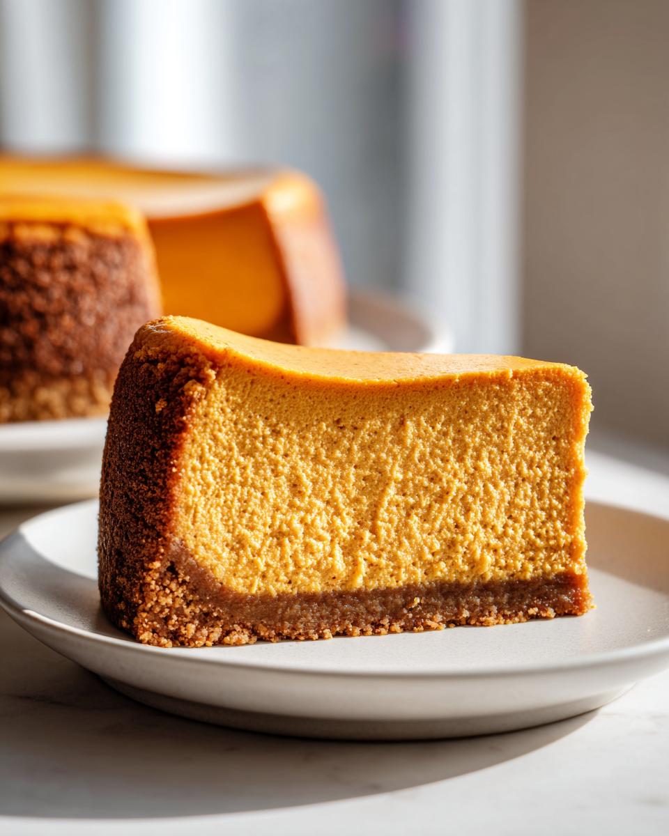 A close-up of a perfectly baked slice of pumpkin cheesecake with a thick, textured graham cracker crust.