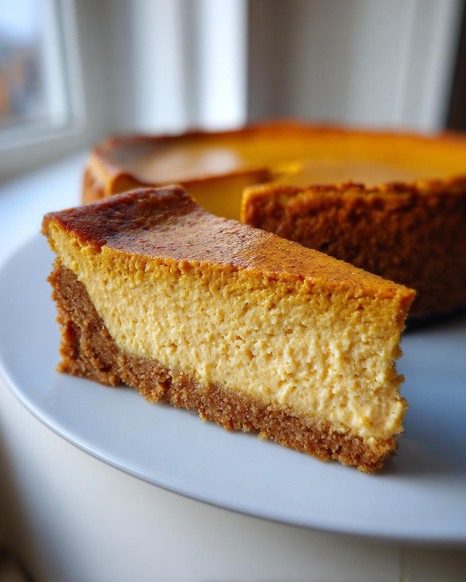 A close-up slice of creamy pumpkin cheesecake with a thick graham cracker crust, ready to eat.