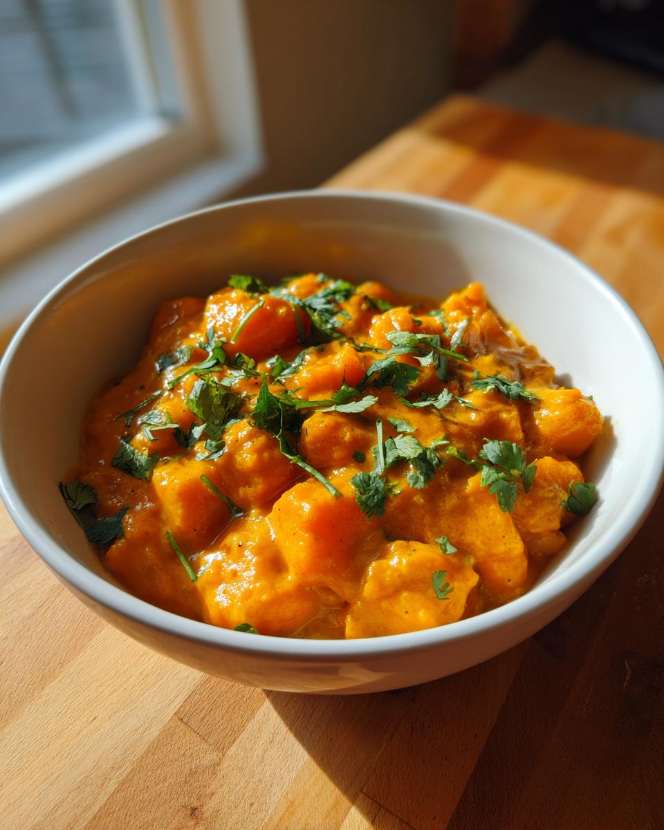 Close-up of a bowl filled with creamy, vibrant orange pumpkin curry, garnished with fresh cilantro.