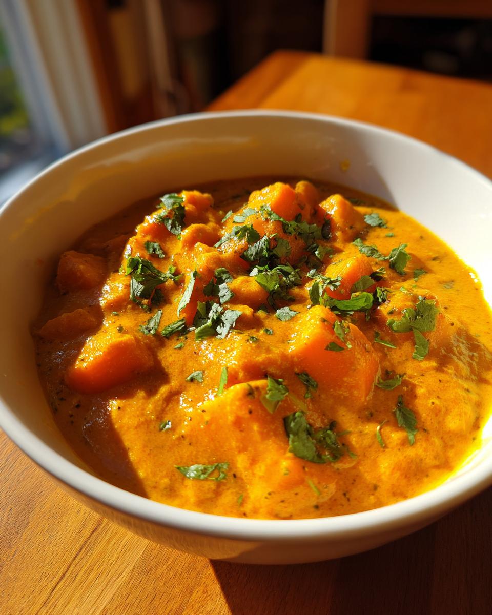 A close-up of a white bowl filled with vibrant orange pumpkin curry, topped with fresh cilantro.