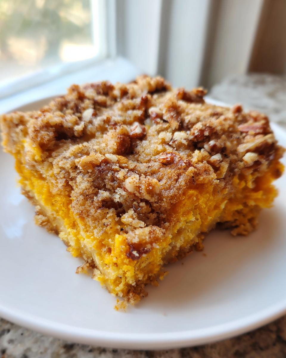 A close-up photo of a square slice of rich, orange pumpkin dump cake topped with a brown sugar and pecan streusel.