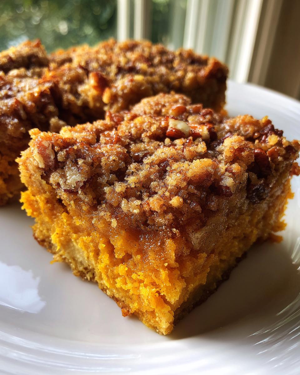 A close-up view of a moist slice of pumpkin dump cake with a crunchy pecan streusel topping.