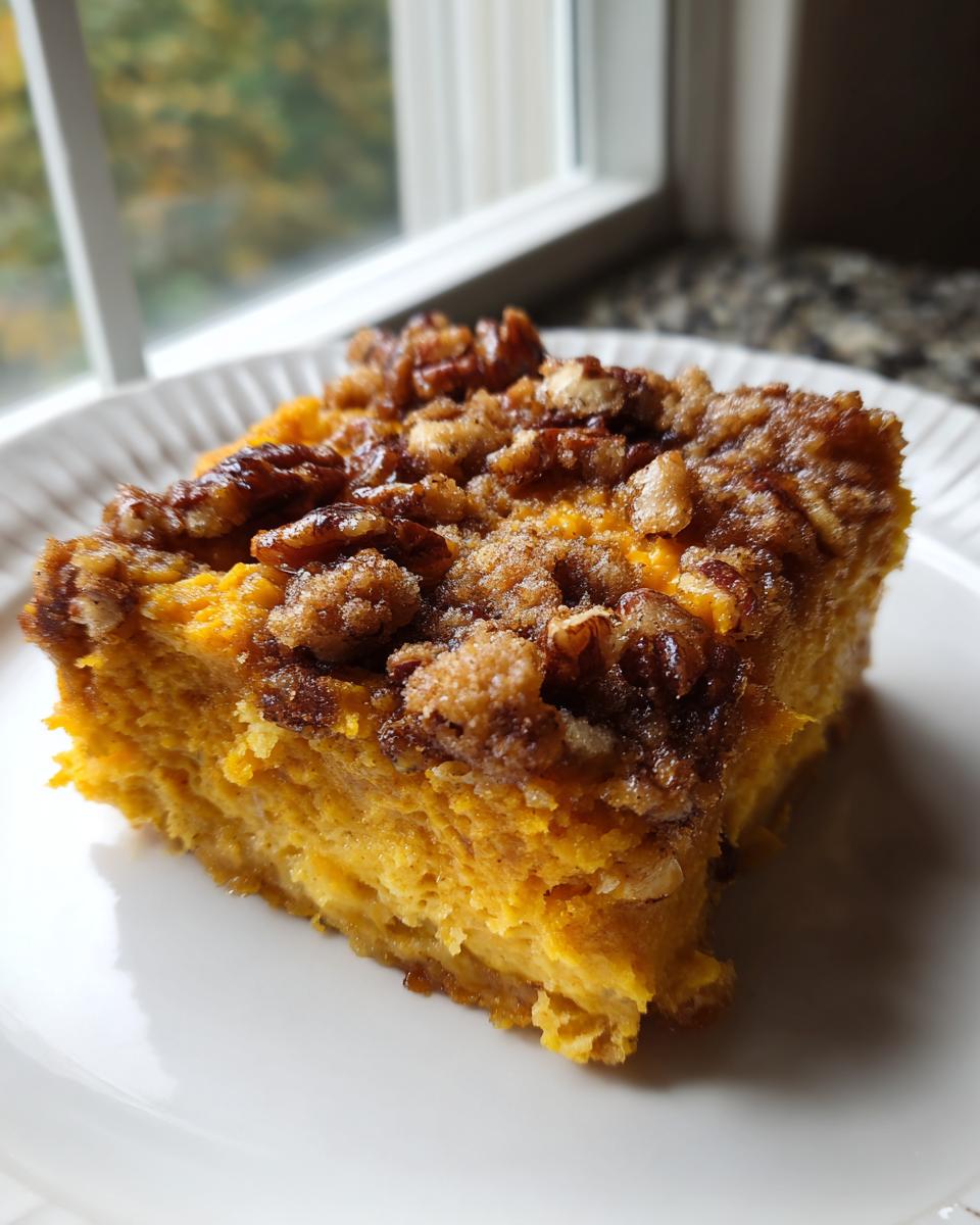 A close-up slice of moist pumpkin dump cake topped with cinnamon streusel and pecans on a white plate.