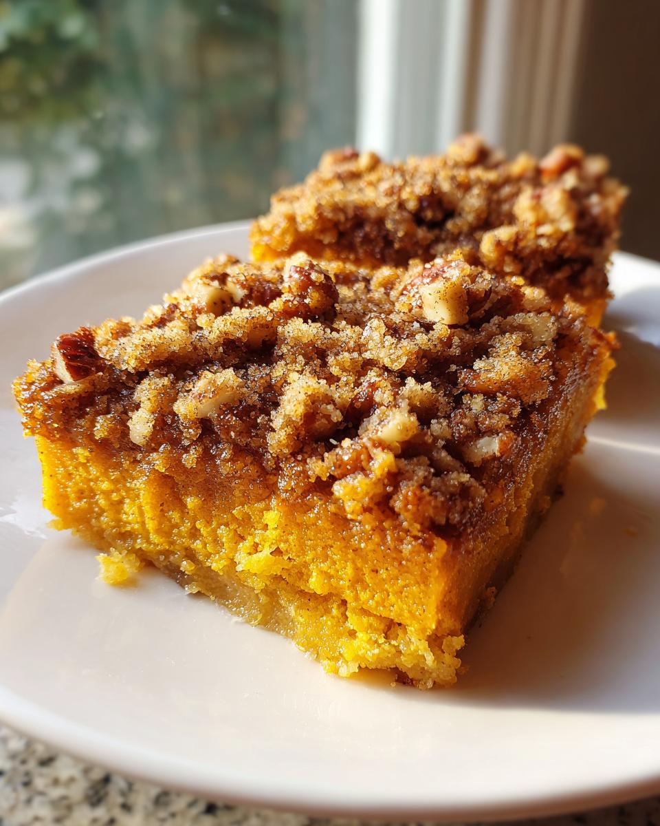 Close-up of two squares of bright orange pumpkin dump cake topped with a crunchy pecan streusel topping.