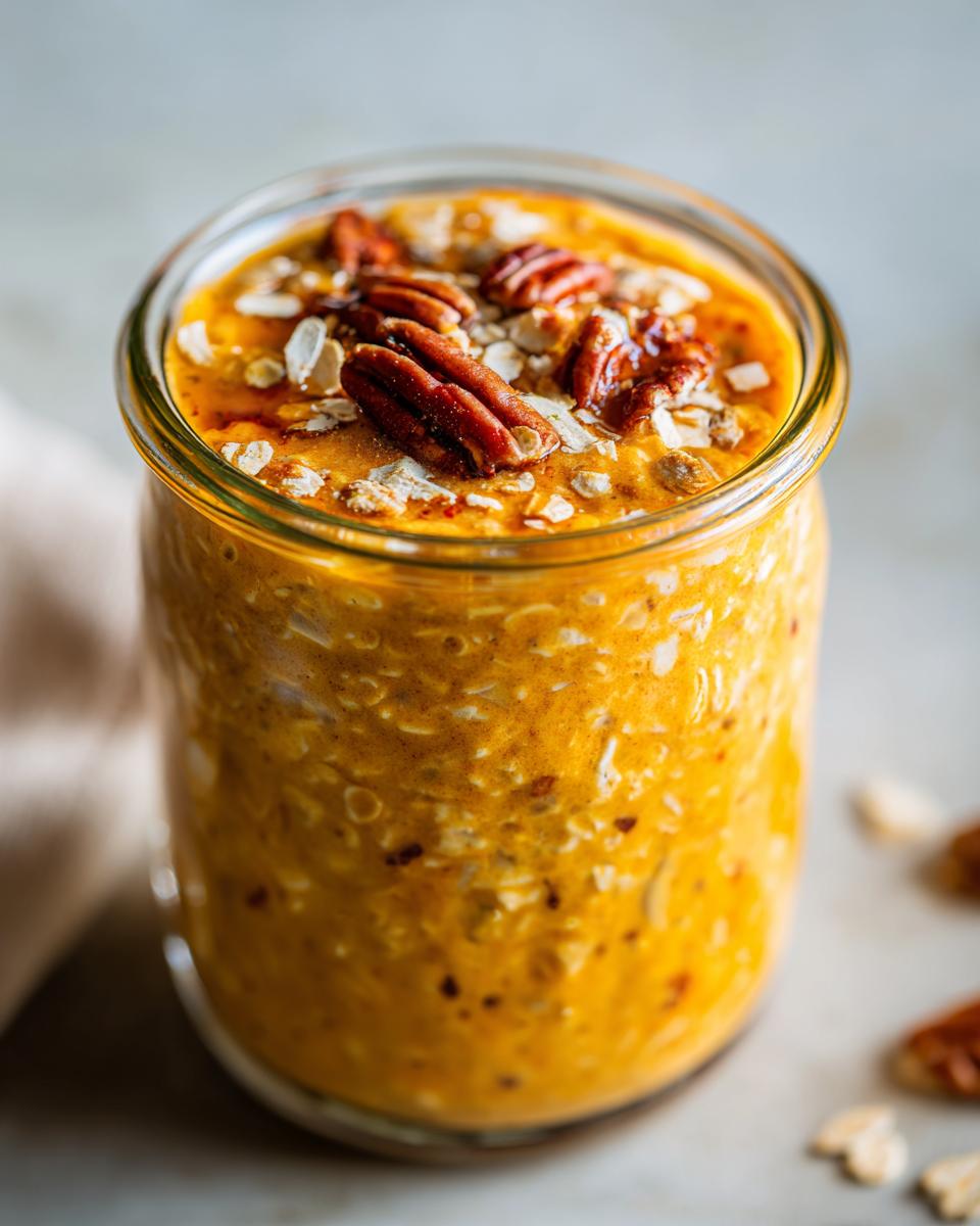 Close-up of pumpkin pie overnight oats in a glass jar, topped with pecans and rolled oats.