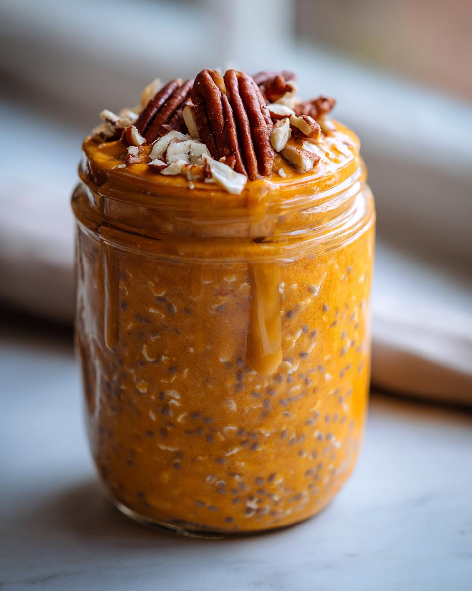 Close-up of pumpkin pie overnight oats topped with pecans in a glass jar.