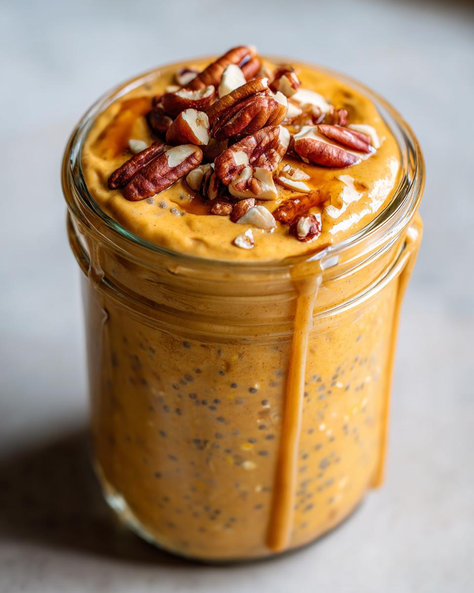 Close-up of pumpkin pie overnight oats topped with pecans and drizzled with syrup in a glass jar.