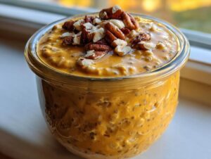 A serving of creamy, orange-colored pumpkin pie overnight oats topped with chopped pecans in a glass jar.