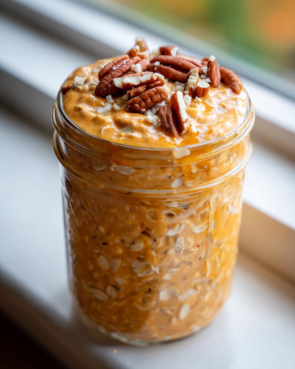 Close-up of pumpkin pie overnight oats in a jar, topped with pecans and a drizzle of syrup.