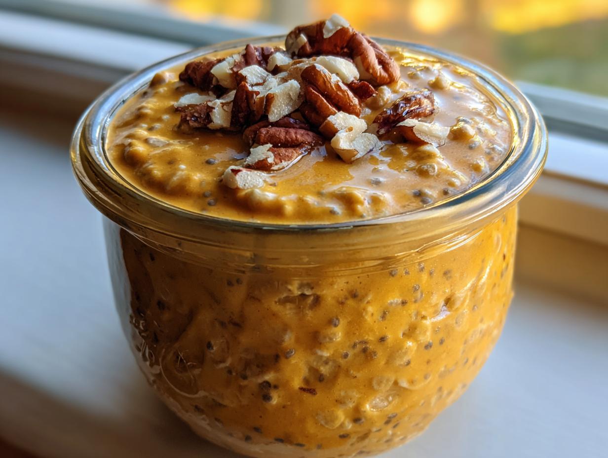 A serving of creamy, orange-colored pumpkin pie overnight oats topped with chopped pecans in a glass jar.