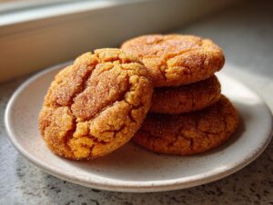 A stack of four soft, crackled pumpkin snickerdoodles generously coated in cinnamon sugar on a speckled white plate.