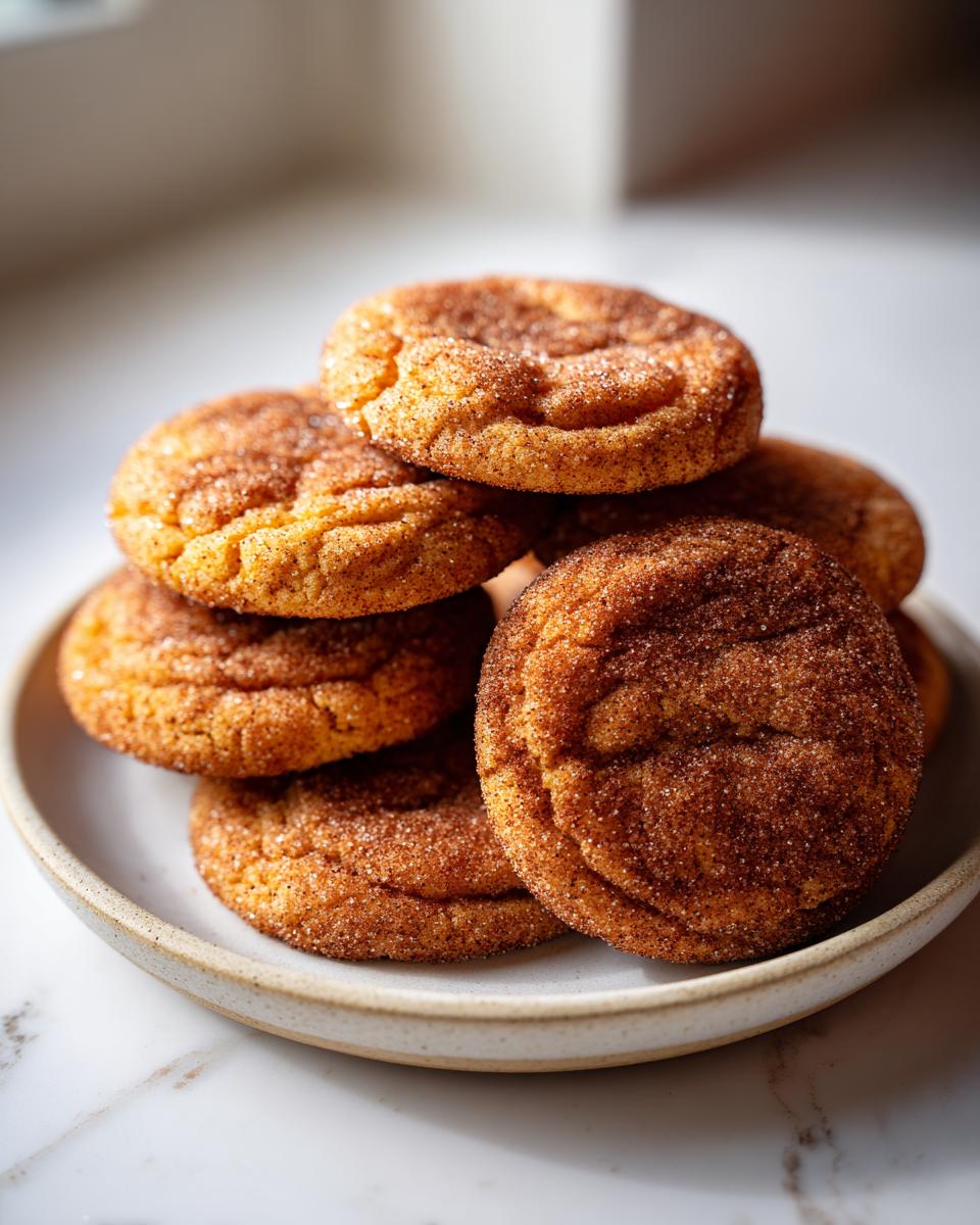 A close-up stack of freshly baked pumpkin snickerdoodles generously coated in cinnamon sugar on a small ceramic plate.