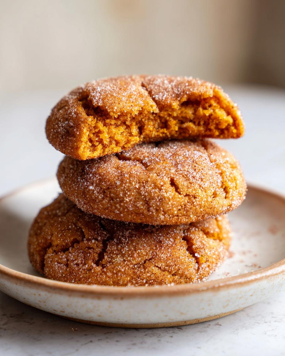 A stack of three soft, orange-colored pumpkin snickerdoodles coated in cinnamon sugar, with the top one broken open.