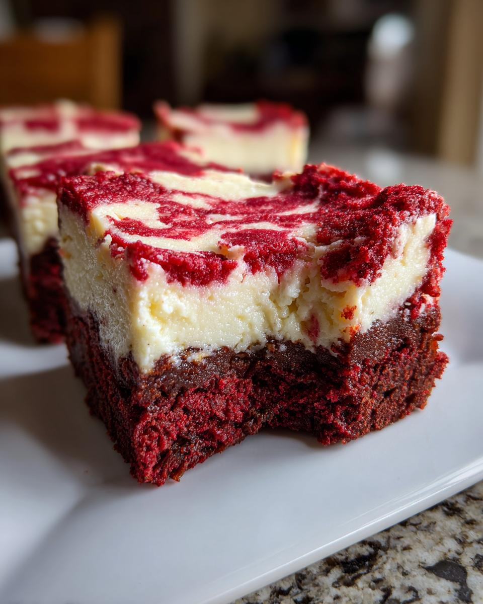 Close-up of a red velvet cheesecake brownies square with a bite taken out, showing the layers.