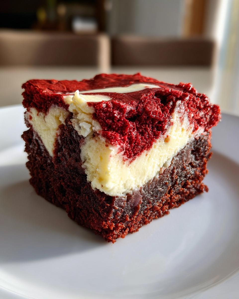 A close-up of a decadent red velvet cheesecake brownies square showing rich red layers and creamy white cheesecake swirl.