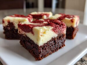 Four squares of rich red velvet cheesecake brownies with a marbled cream cheese swirl topping on a white plate.