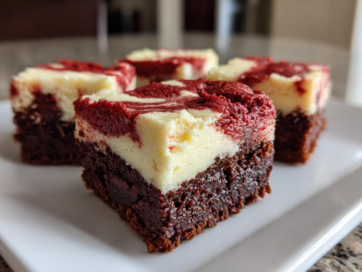 Four squares of rich red velvet cheesecake brownies with a marbled cream cheese swirl topping on a white plate.