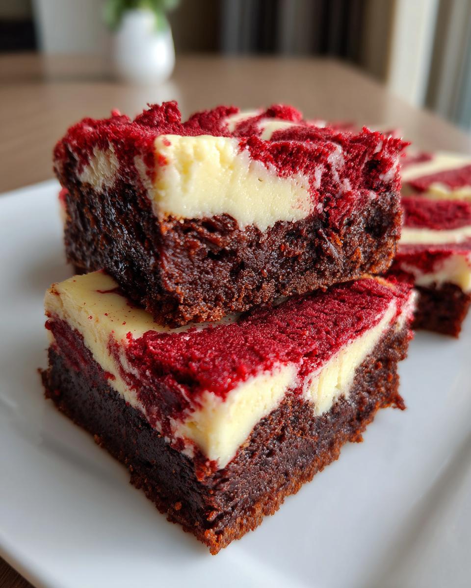 Close-up of stacked red velvet cheesecake brownies showing rich chocolate base and swirled red and cream topping.