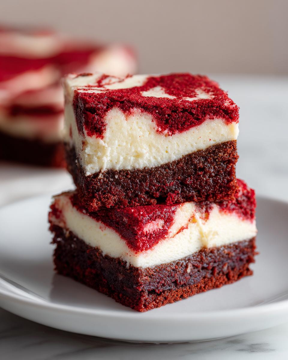 Two stacked squares of red velvet cheesecake brownies showing the dark brownie base and swirled red and cream topping.