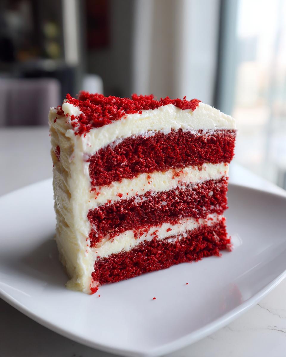 A tall, decadent slice of red velvet cheesecake cake with three layers of red cake and cream cheese frosting.