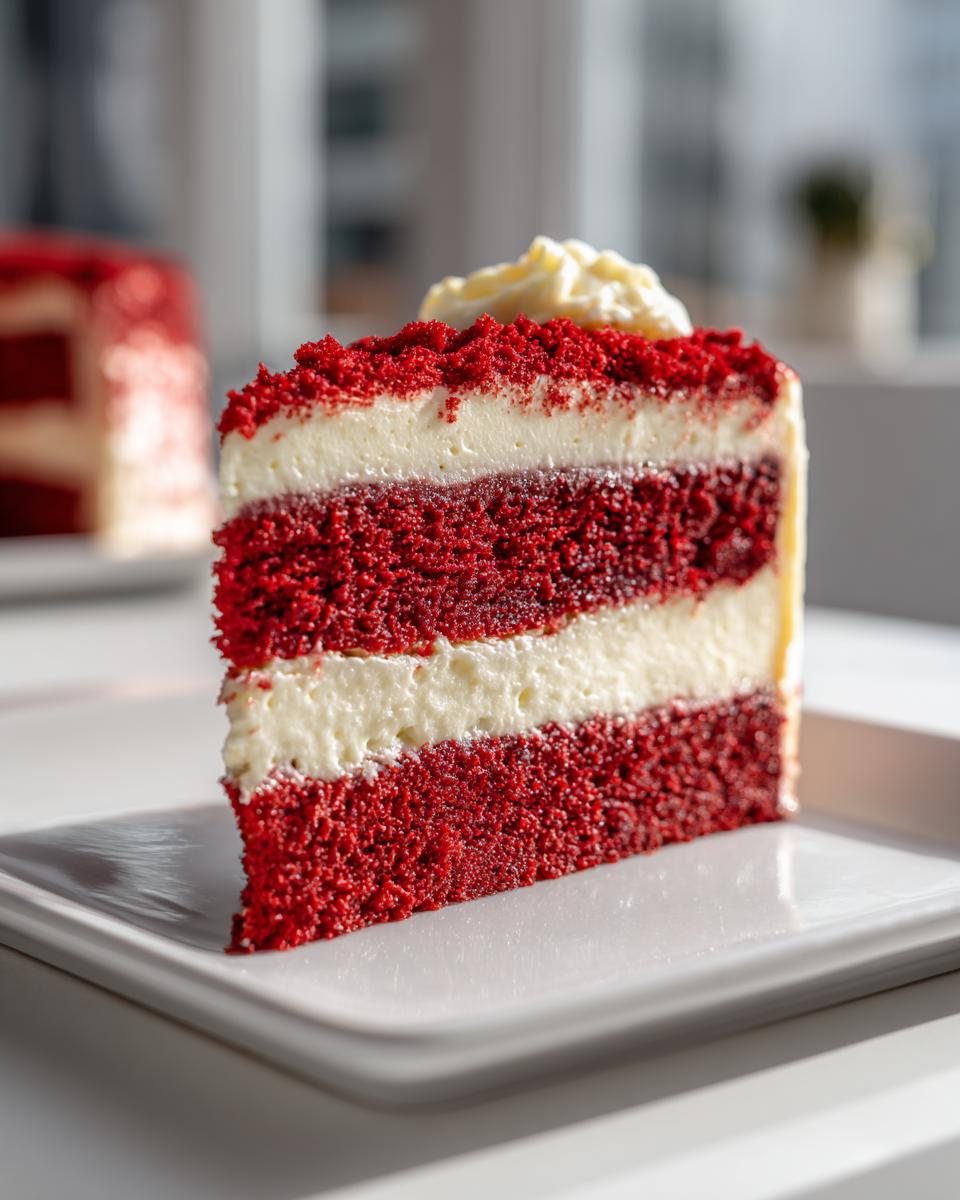 Close-up of a decadent slice of red velvet cheesecake cake showing three layers of rich red cake and two layers of white cream cheese filling.