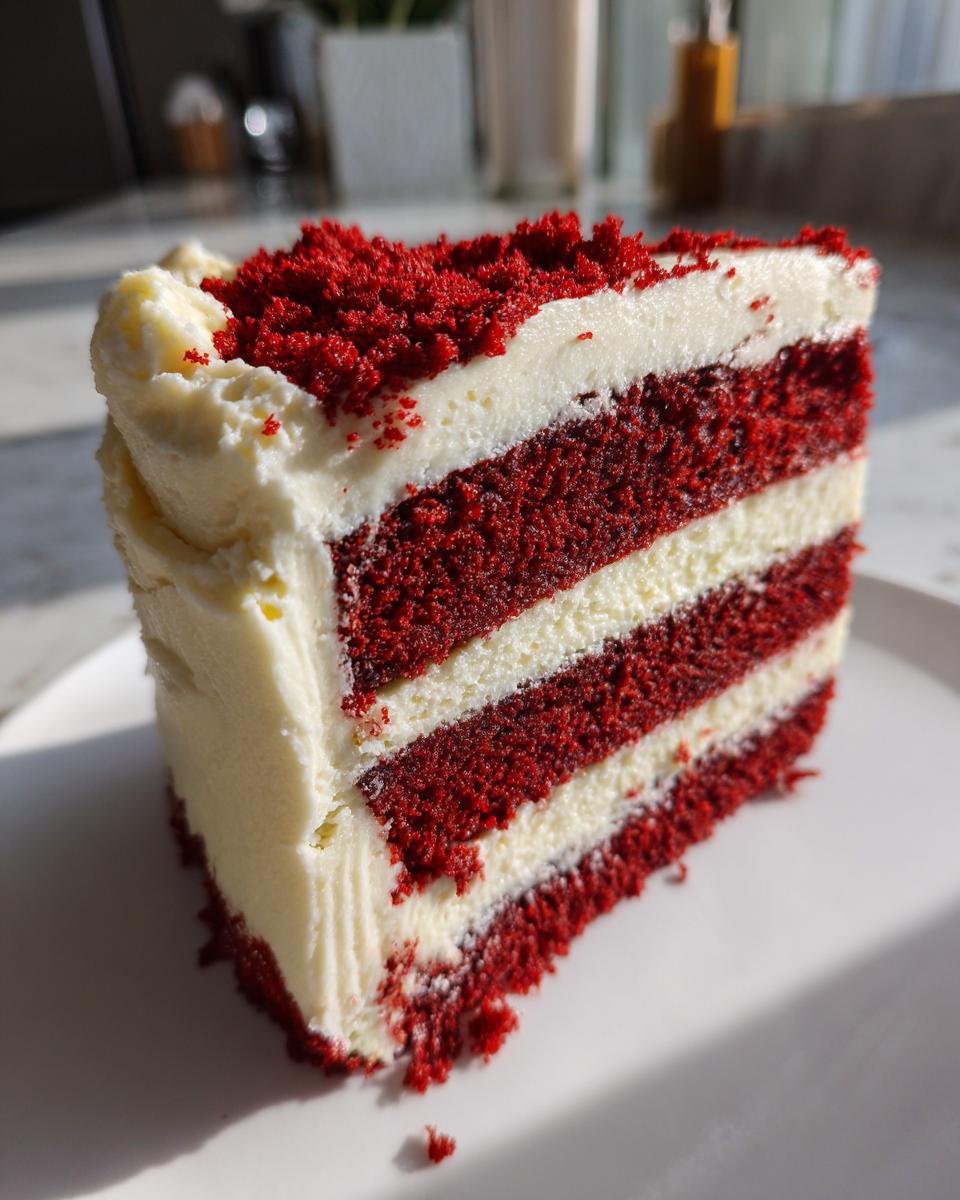 A tall, decadent slice of red velvet cheesecake cake showing three layers of red cake and two layers of white filling.