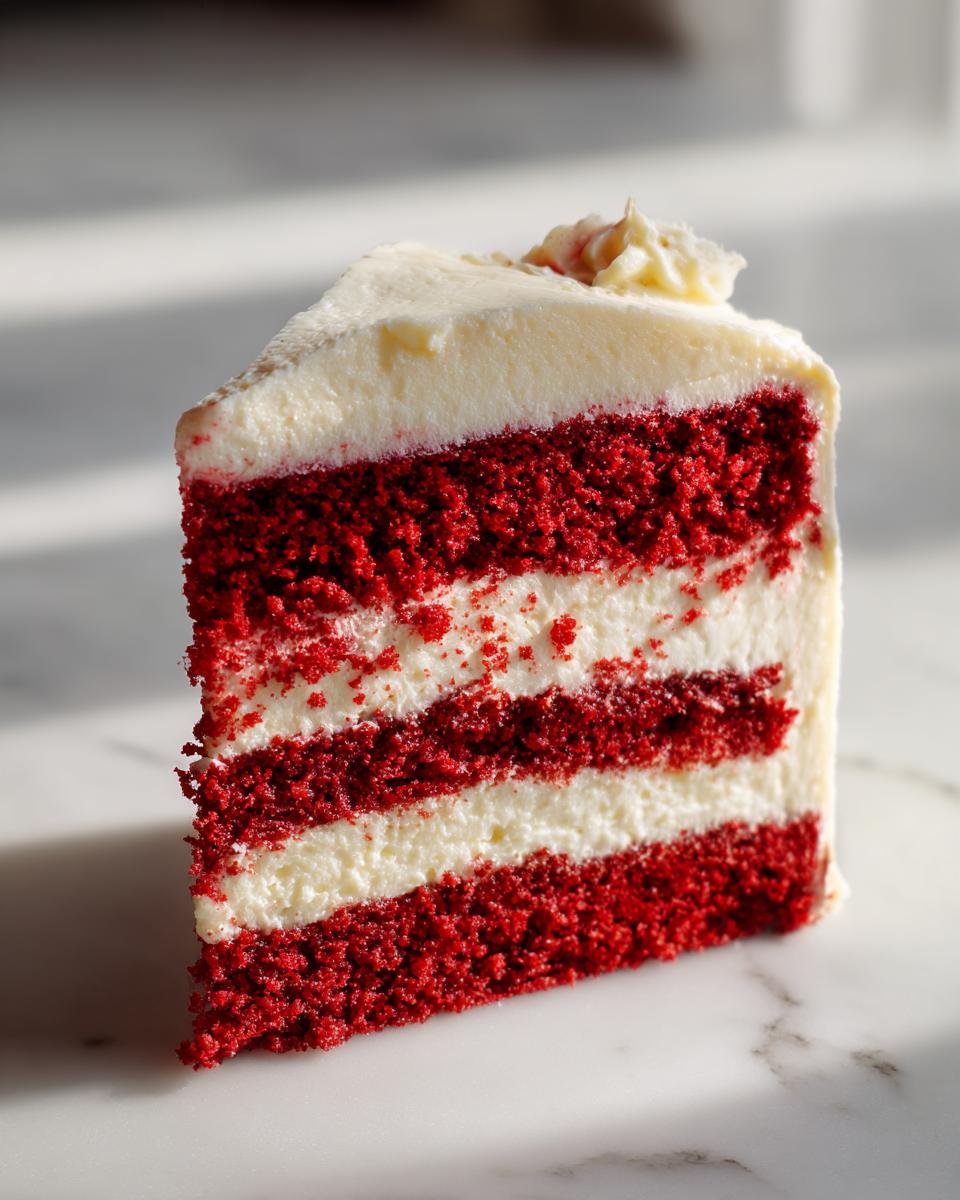Close-up of a tall slice of red velvet cheesecake cake showing three vibrant red layers alternating with cream cheese frosting.